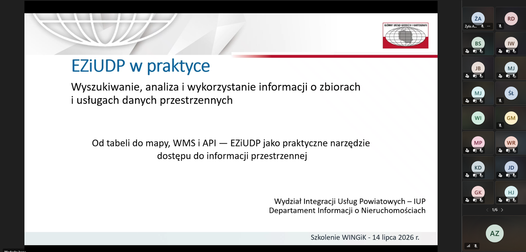 Szkolenie dla pracowników wojewódzkich inspekcji geodezyjnych i kartograficznych z zakresu korzystania z walidatora usług, ewidencji zbiorów i usług danych przestrzennych oraz usług krajowej integracji