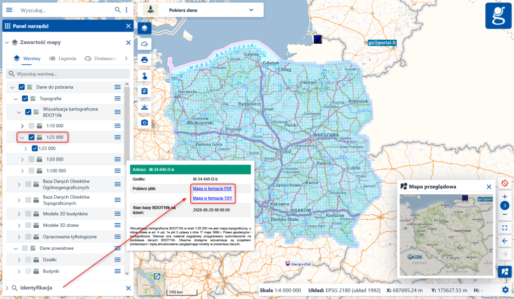 Ilustracja przedstawia zrzut ekranu modułu Pobierze dane serwisu geoportal.gov.pl