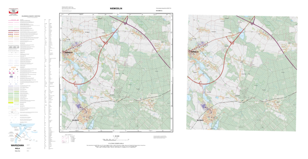 Ilustracja przedstawia przykładowy arkusz wizualizacji BDOT10k w skali 1:25 000 w formacie PDF i GeoTIFF