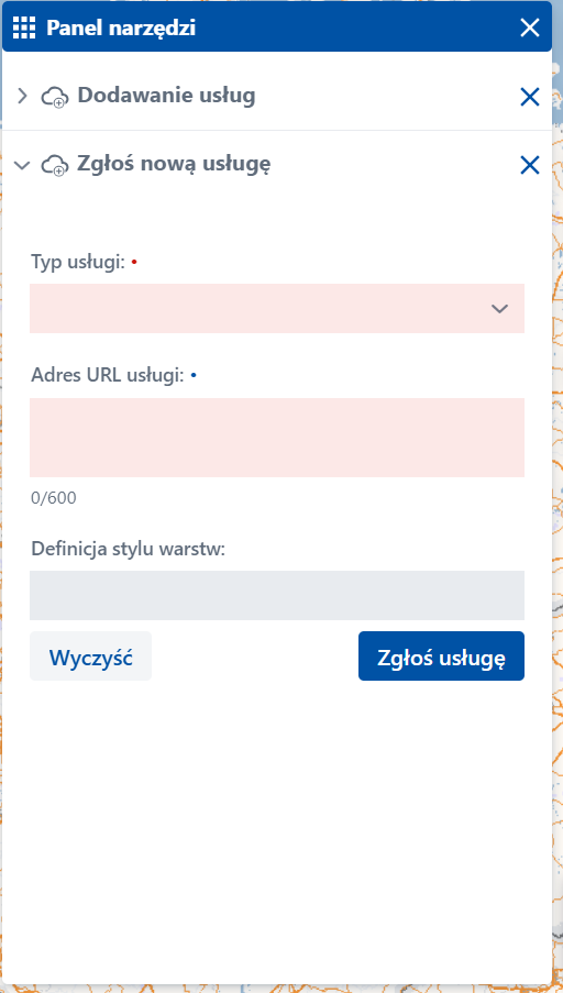 Zrzut ekranu przedstawiający widok narzędzia "Zgłoś nową usługę"