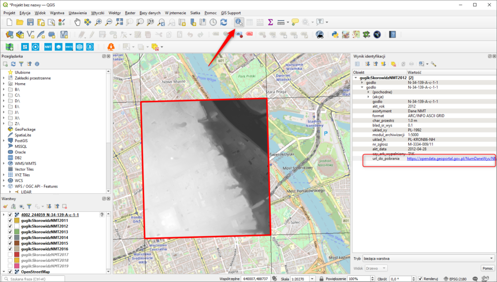 Rysunek 14 Usługa WFS dla NMT wczytana w oprogramowaniu QGIS