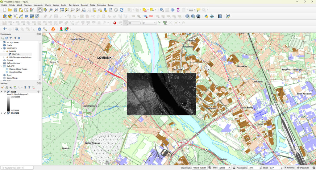 Rysunek 14 Pobrany plik NMPT i wczytany w aplikacji QGIS