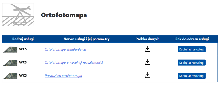 Rysunek 14. Informacja o usługach WCS ortofotomapy na stronie www.geoportal.gov.pl