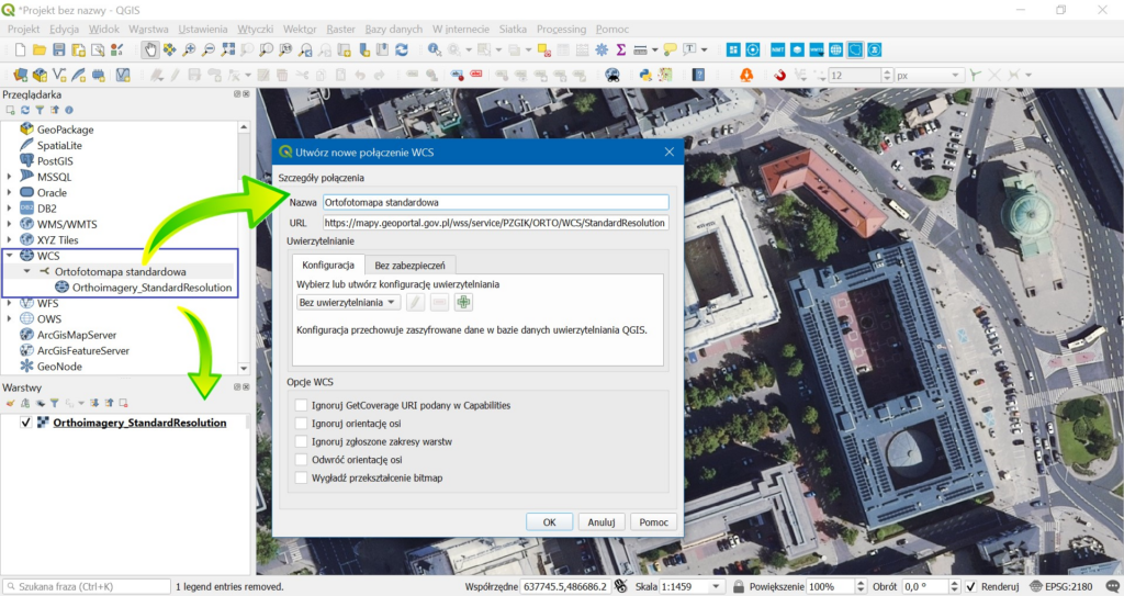 Rysunek 15. Wykorzystanie usługi WCS w oprogramowaniu QGIS