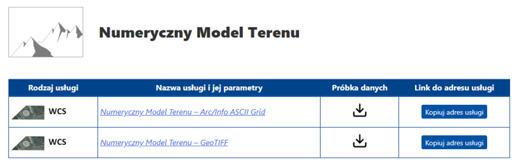 Rysunek 15 Informacja o usługach WCS dotyczących NMT na stronie www.geoportal.gov.pl
