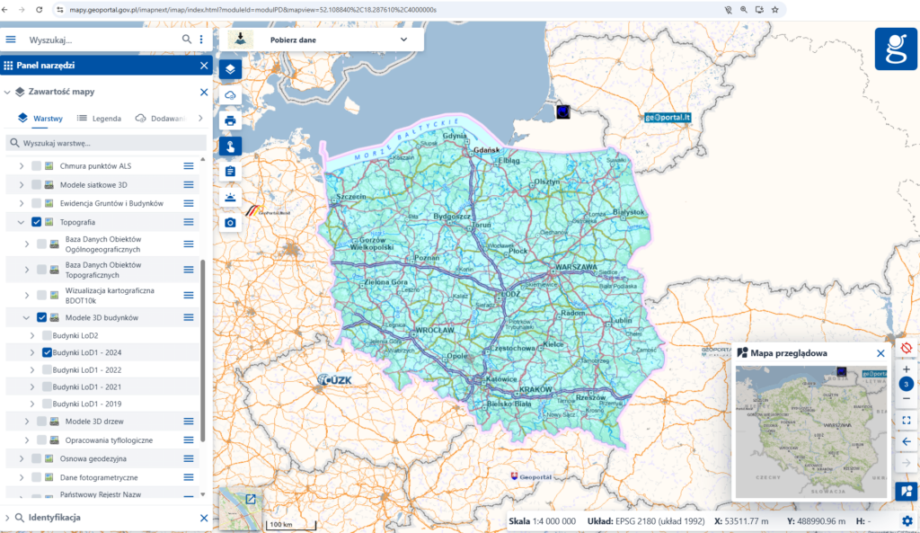 Rysunek 2. Zasięg opracowania modeli 3D budynków z 2024 roku, w standardzie LoD1
