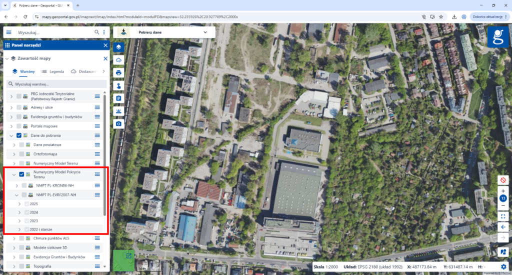 Rysunek 3 Warstwy do pobierania danych NMPT dostępne w serwisie www.geoportal.gov.pl