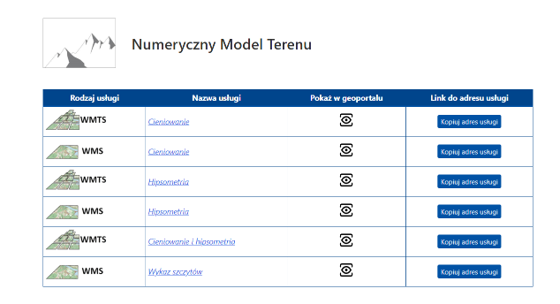 Rysunek 3 Wykaz usług WMS i WMTS związanych z NMT