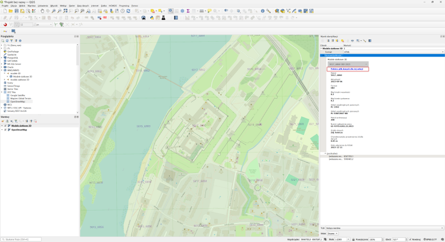 Rysunek 4 Ilustracja procesu pobierania arkusza modeli siatkowych 3D w QGIS