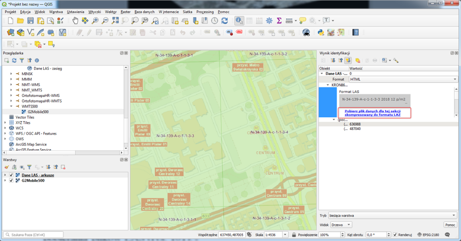 Rysunek 8 Ilustracja procesu pobierania arkusza chmury punktów (LAZ) w QGIS