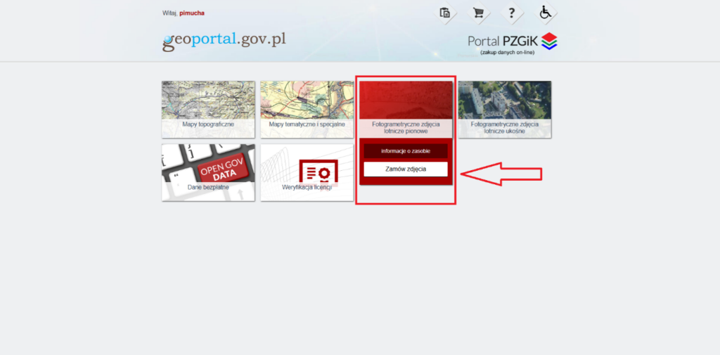 Rysunek 9 Wybór opcji „Fotogrametryczne zdjęcia lotnicze pionowe" i „zamów zdjęcia"
