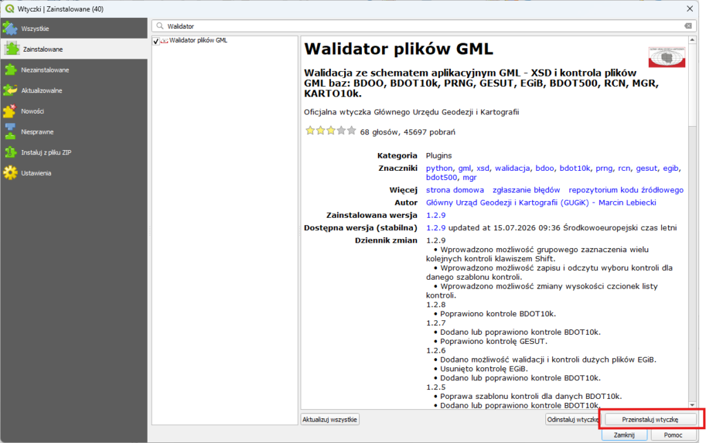 Ilustracja przedstawia sposób instalacji wtyczki Walidator plików GML w oprogramowaniu QGIS