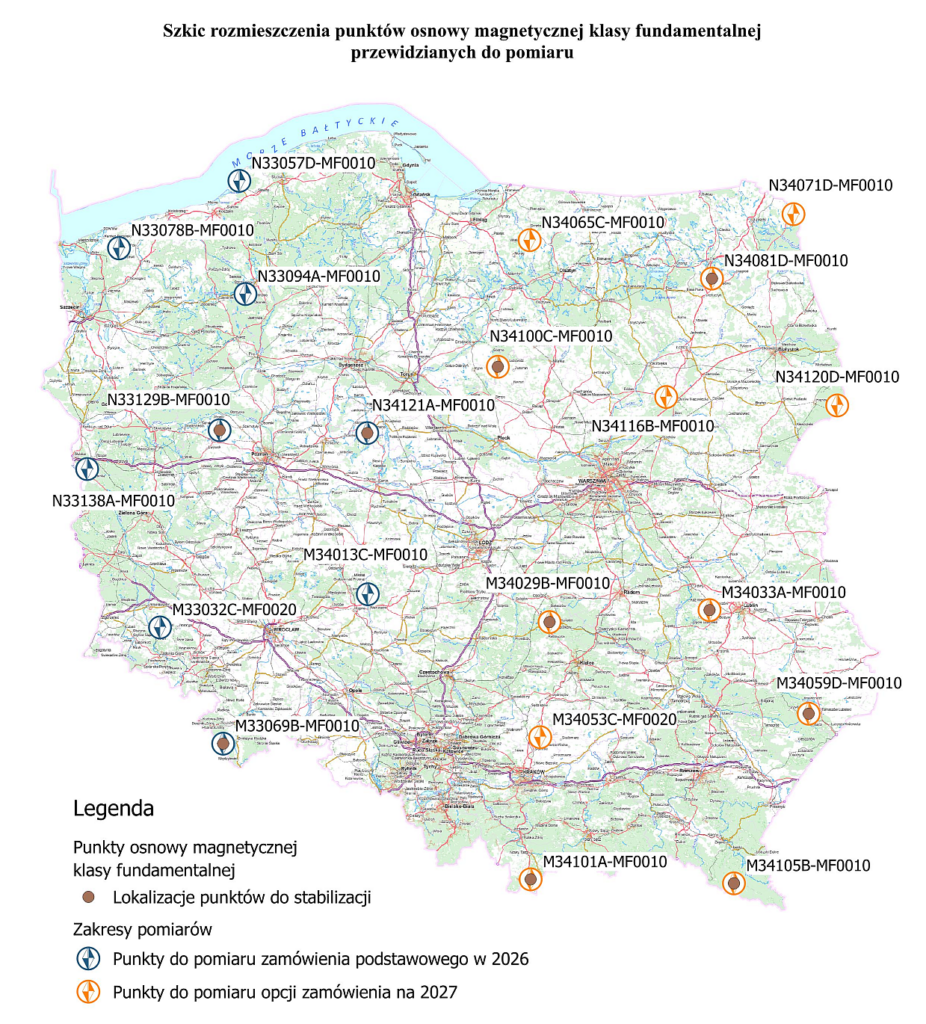 Rysunek 1 - Ilustracja przedstawia mapę Polski z rozmieszczeniem punktów przewidzianych do opracowania w ramach podpisanej umowy.
