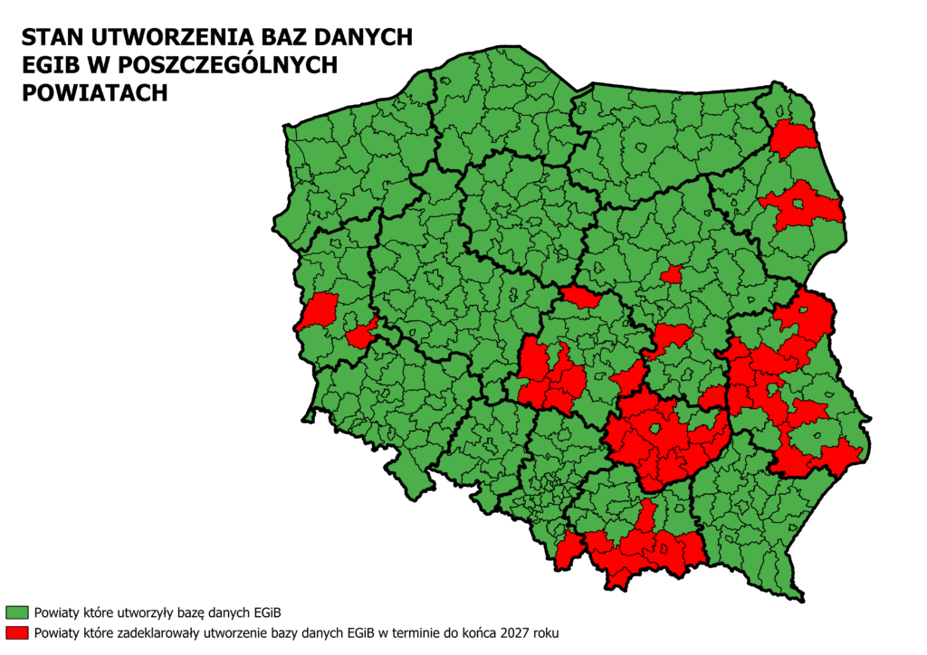 Mapa Polski obrazująca stan utworzenia baz danych EGIB w poszczególnych powiatach kraju.
