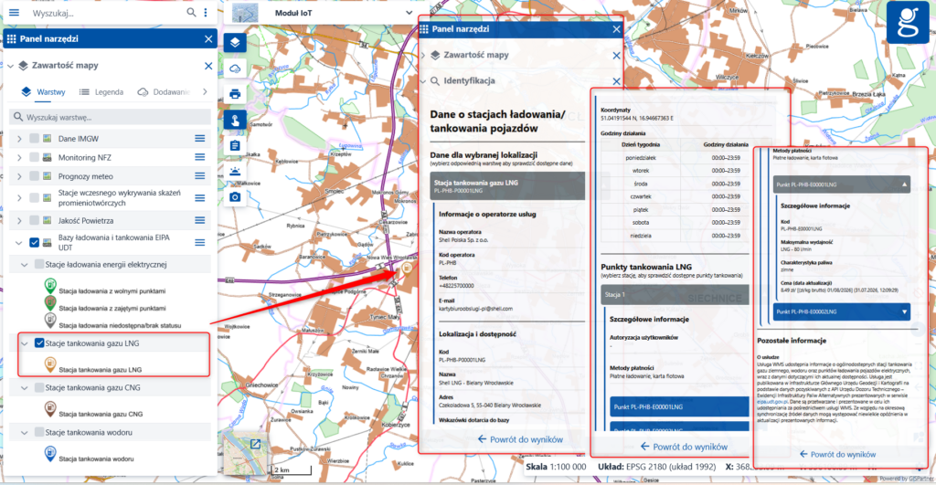 Okno informacji o wybranej stacji tankowania LNG zawierające szczegóły dotyczące dostępnej infrastruktury.