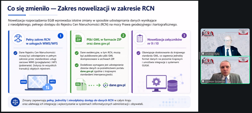 zrzut ekranu z prezentacji Zastępcy Dyrektora Departamentu Informacji o Nieruchomościach GUGiK Szymona Szczerby z VIII Briefingu Geodezyjnego