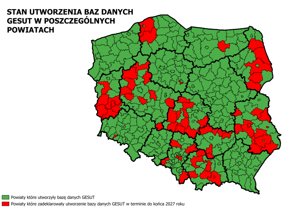 Mapa Polski obrazująca stan utworzenia baz danych GESUT w poszczególnych powiatach kraju.