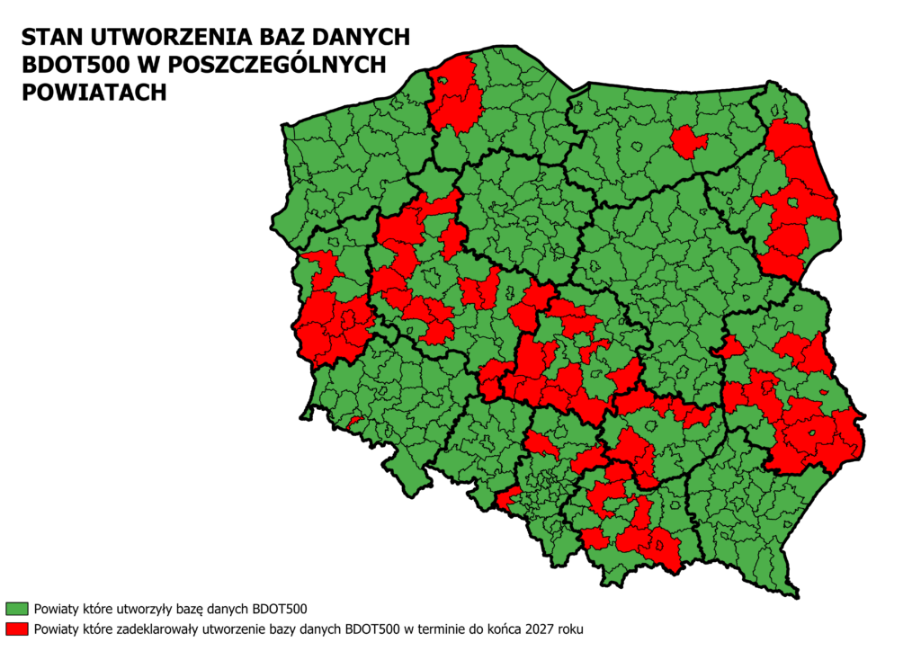 Mapa Polski obrazująca stan utworzenia baz danych BDOT500 w poszczególnych powiatach kraju.