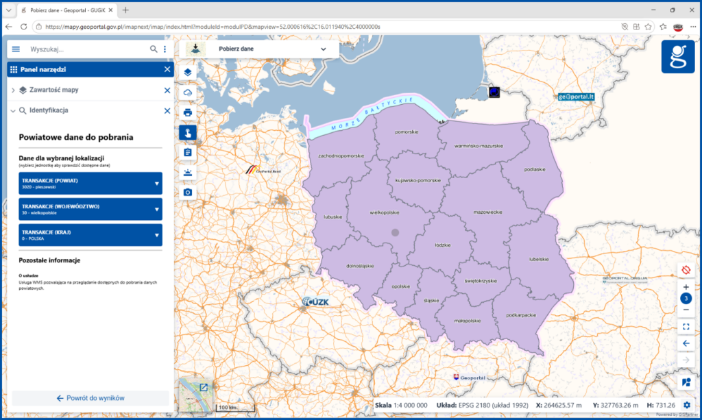 Możliwość pobrania danych dotyczących lokalizacji transakcji w module mapowym Pobierz dane serwisu www.geoportal.gov.pl