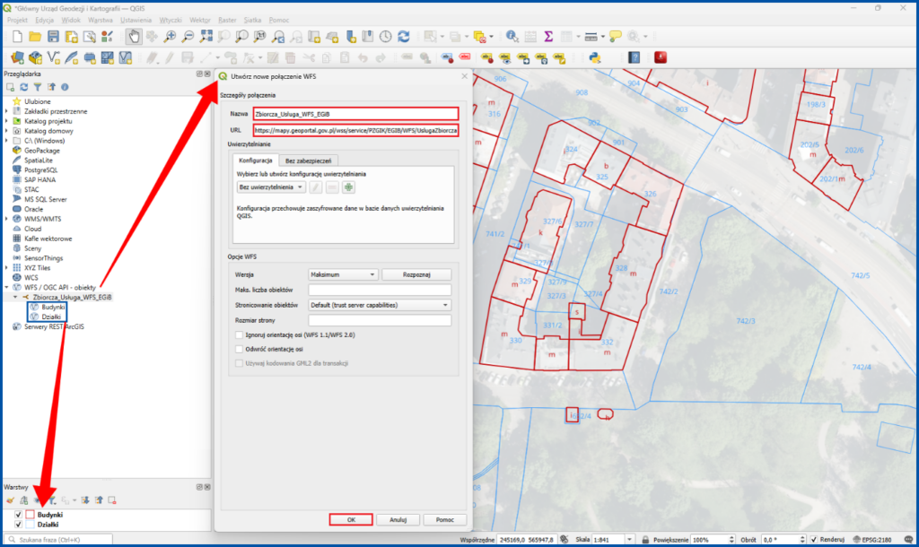 Podłączenie usługi pobierania danych ewidencji gruntów i budynków (WFS) do programu QGIS