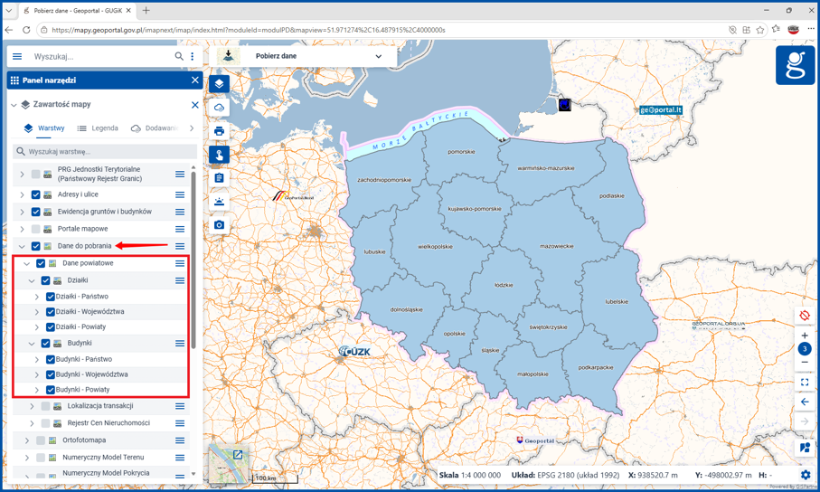 Drzewko warstw w module „Pobierz dane” serwisu www.geoportal.gov.pl z danymi powiatowymi do pobrania