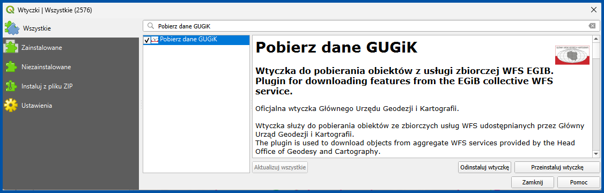 Wtyczka „Pobierz dane GUGiK” w repozytorium wtyczek QGIS