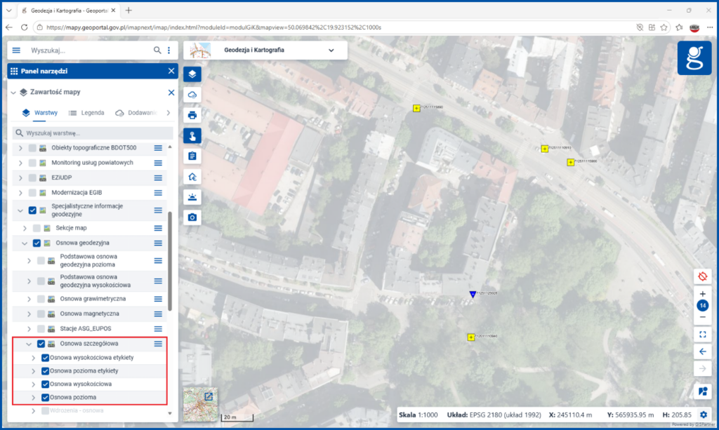 Usługa WMS dotycząca szczegółowej osnowy geodezyjnej podłączona w module mapowym Geodezja i Kartografia serwisu www.geoportal.gov.pl