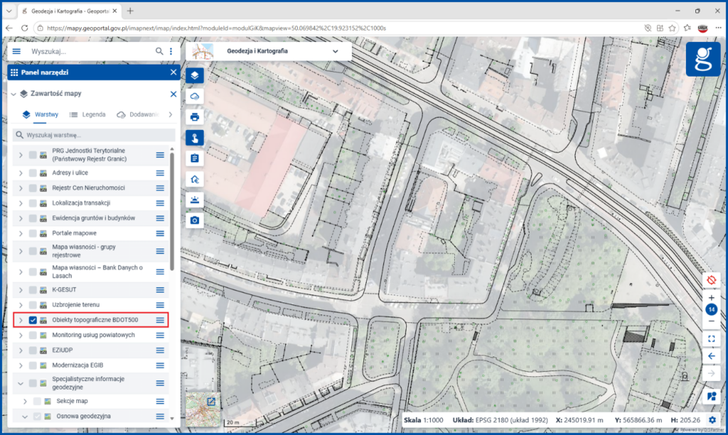 Usługa WMS dotycząca obiektów topograficznych podłączona w module mapowym Geodezja i Kartografia serwisu www.geoportal.gov.pl