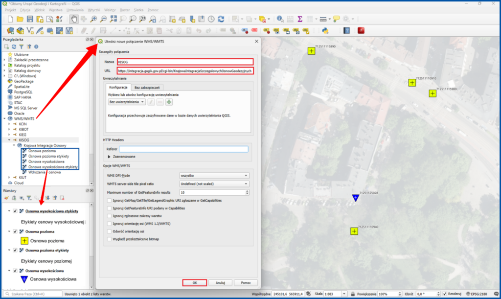 Usługa WMS dotycząca szczegółowej osnowy geodezyjnej podłączona w oprogramowaniu QGIS