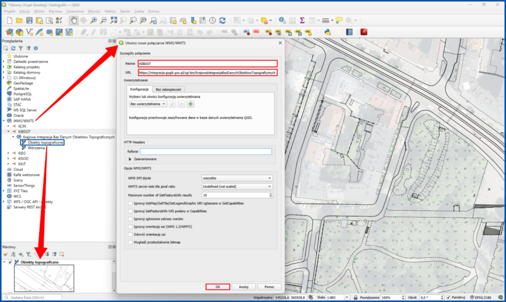 Usługa WMS dotycząca obiektów topograficznych podłączona w oprogramowaniu QGIS