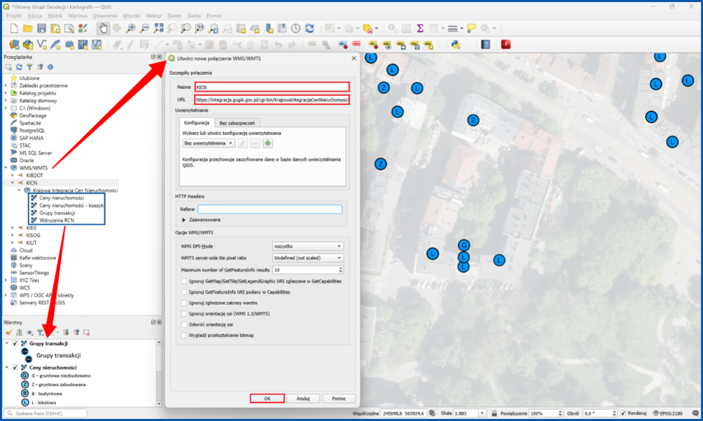 Usługa WMS dotycząca lokalizacji transakcji w oprogramowaniu QGIS