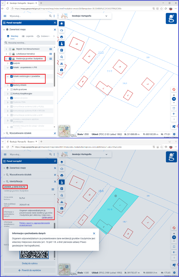 Dane o działkach w usłudze KIEG pochodzące z powiatowej usługi WMS EGiB prowadzonej przez właściwego miejscowo starostę