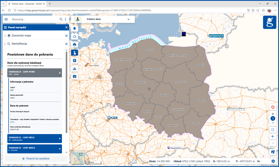 Możliwość pobrania danych Rejestru Cen Nieruchomości w module mapowym Pobierz dane serwisu www.geoportal.gov.pl