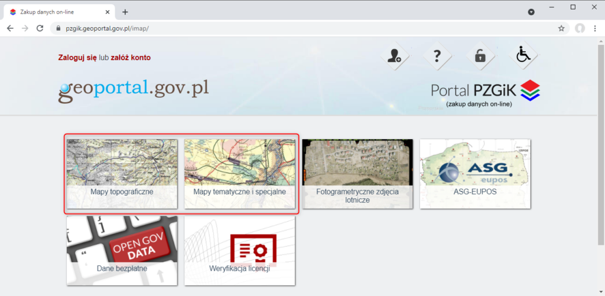 Rysunek 15. Portal PZGiK umożliwiający pozyskanie map topograficznych, tematycznych i specjalnych