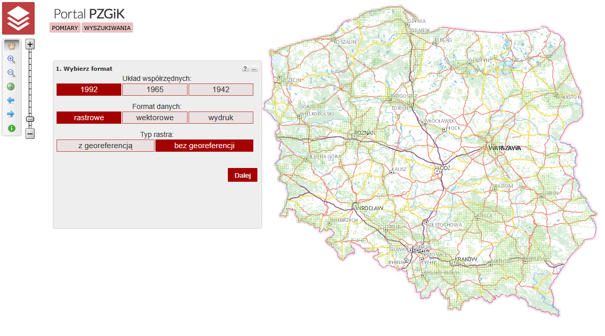 Rysunek 15a. Portal PZGiK umożliwiający pozyskanie map topograficznych, tematycznych i specjalnych – wybór materiałów