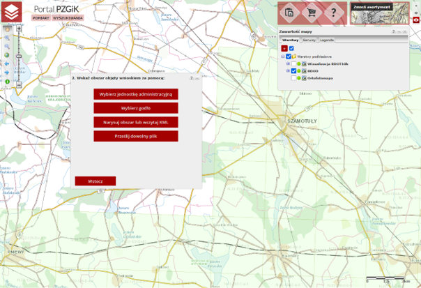Rysunek 15b. Portal PZGiK umożliwiający pozyskanie map topograficznych, tematycznych i specjalnych – określenie zakresu obszarowego