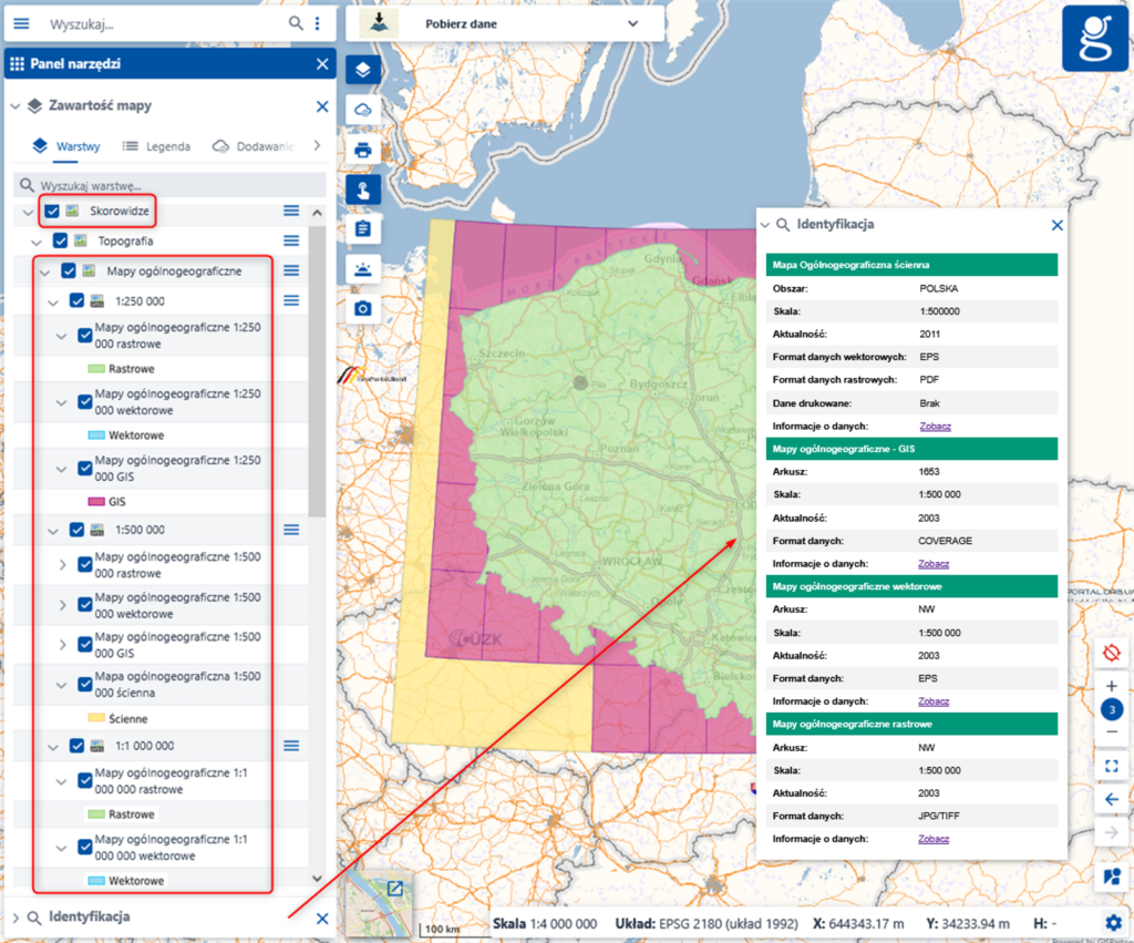 Rysunek 19. Serwis geoportal.gov.pl – Skorowidze – Mapy ogólnogeograficzne – wynik Identyfikacji