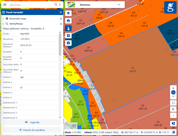 Rysunek 28. Serwis geoportal.gov.pl - Mapa glebowo-rolnicza w postaci wektorowej z symbolizacją, kolorystyką i wynikiem identyfikacji (kompozycja mapowa Rolnictwo)
