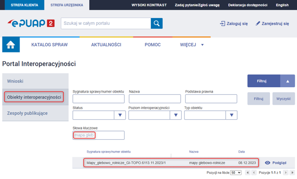 Rysunek 31. Wyszukanie schematu aplikacyjnego map glebowo-rolniczych w portalu interoperacyjności/inne-systemy/pi