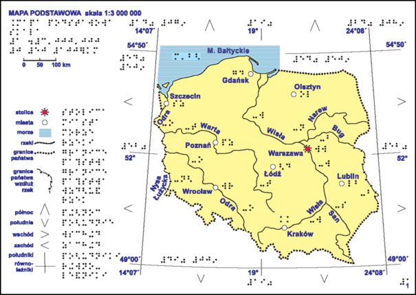 Rysunek 38a, 38b. Okładka oraz mapa podstawowa „Atlasu geograficznego Polski” dla niewidomych i słabowidzących