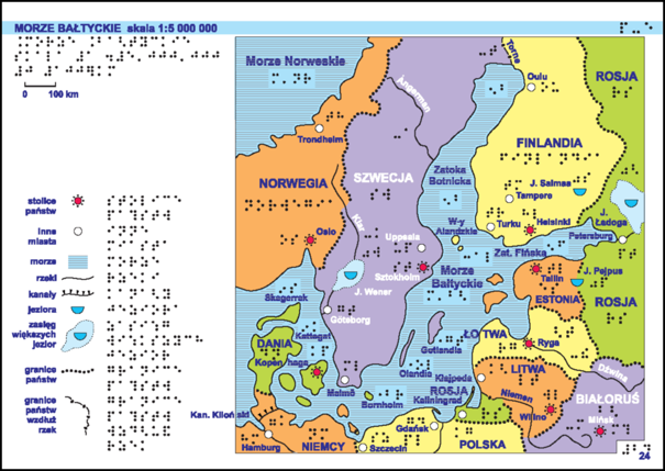 Rysunek 39a, 39b,39c. Przykłady map z każdego działu „Atlasu geograficznego Polski” dla niewidomych i słabowidzących