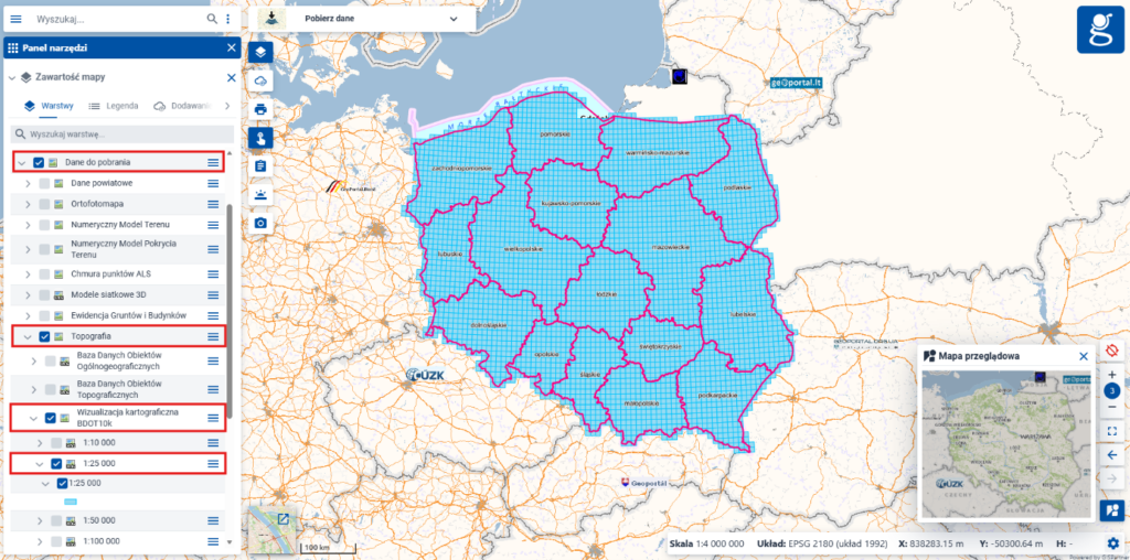 Rysunek 51. Serwis geoportal.gov.pl – Dane do pobrania – Wizualizacja kartograficzna BDOT10k 1:25 000