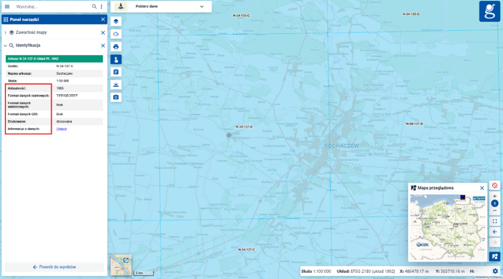 Rysunek 6a, 6b. Usługi przeglądania WMS i WMTS – Skorowidze map – wynik Identyfikacji