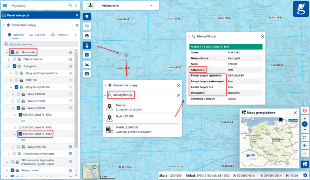 Rysunek 6a, 6b. Usługi przeglądania WMS i WMTS – Skorowidze map – wynik Identyfikacji