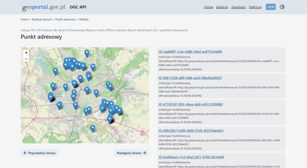 Zrzut ekranu ukazujący kolekcję danych "Punkt adresowy" wraz z przykładowymi obiektami z usługi OGC API Features dla danych Państwowego Rejestru Granic w zakresie danych adresowych