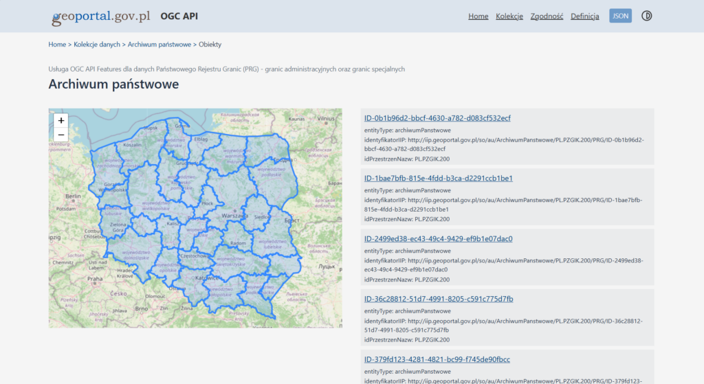 Zrzut ekranu ukazujący kolekcję danych "Archiwum państwowe" wraz z przykładowymi obiektami dla danych Państwowego Rejestru Granic w zakresie granic administracyjnych oraz granic specjalnych