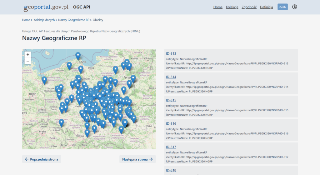 Zrzut ekranu ukazujący kolekcję danych "Nazwy Geograficzne RP" wraz z przykładowymi obiektami dla danych Państwowego Rejestru Nazw Geograficznych