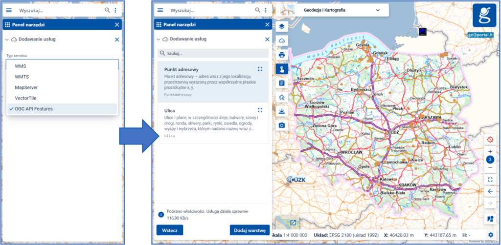 Zrzut ekranu z serwisu www.geoportal.gov.pl ukazujący możliwość podłączenia usługi OGC API Features