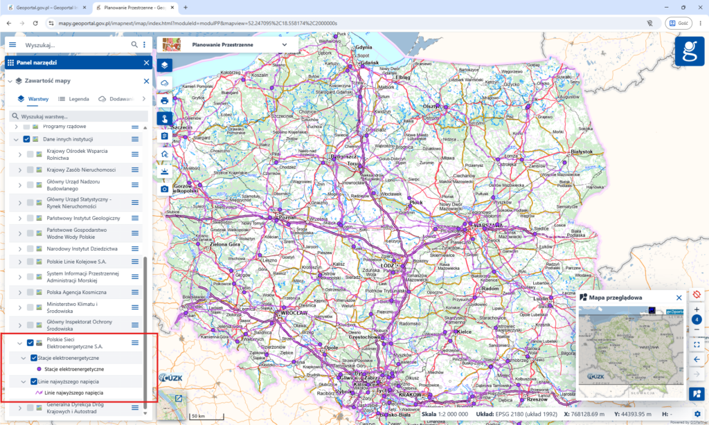 Widok usługi Polskie Sieci Elektroenergetyczne S.A. w serwisie www.geoportal.gov.pl