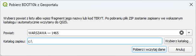 Ilustracja przedstawia zrzut okna wtyczki BDOT10k_GML_SHP w oprogramowaniu QGIS - wybór powiatu wczytania danych BDOT10k z www.geoportal.gov.pl